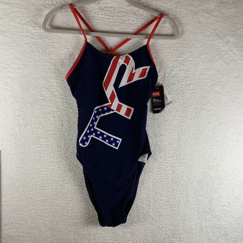 TYR Swimsuit Women's 34‎ Navy Big Logo USA Cross Back Performance One Piece 8054